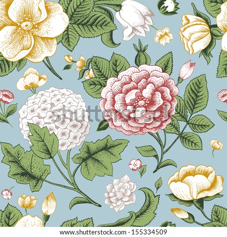 Seamless pattern with vintage flowers. Garden roses, hydrangea and dog-rose flower on a blue background. Vector illustration.