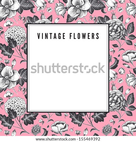 Elegant Vintage Card With Various Garden Flowers. Flowers Roses, Dog-Rose Hydrangea In Pink Color. Vector Illustration