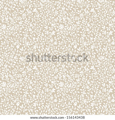 Seamless pattern with silhouette of small flowers and leaves. Vector illustration. White flowers on a beige background.