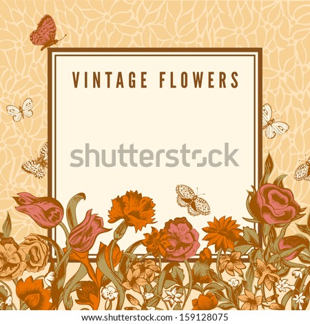 Vector vintage wedding card with flowers and butterflies. Pink and orange flowers, roses, tulips and carnations on a light beige background.