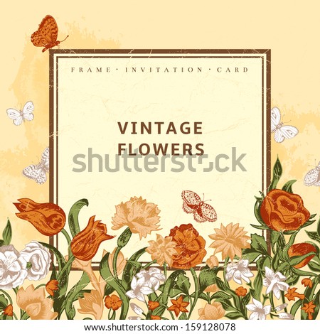 Vector Vintage Wedding Card With Flowers And Butterflies. Red And White Flowers, Roses, Tulips And Carnations On A Light Beige Background.