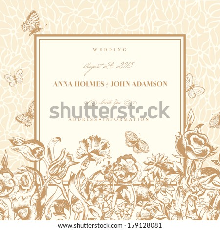 Vector Vintage Wedding Card With Flowers And Butterflies. Flowers, Roses, Tulips And Carnations On A Light Beige Background.