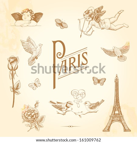 Set of vector vintage elements for design Paris love romance Butterflies cupids roses birds Eiffel Tower Set of vector vintage elements for design Paris love romance Butterflies cupids roses birds Eiffel Tower