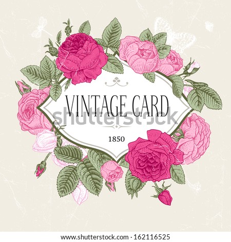 Vector Vintage Postcard. Frame Of Blooming Pink Roses On A Gray Background.