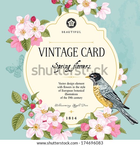 Vintage Vector Card Spring. Bird On A Branch Of Apple Blossoms Pink Flowers On Mint Background.