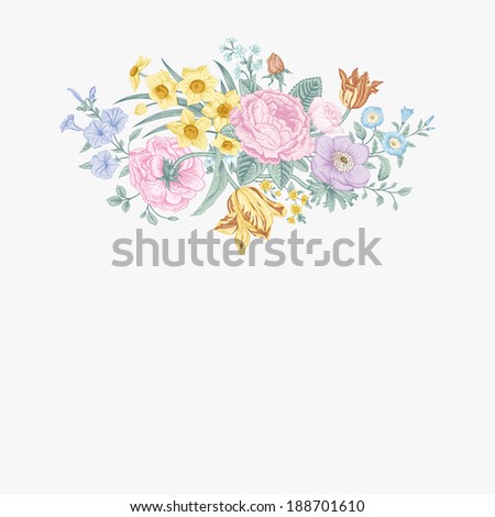 Vintage floral vector card with spring summer Victorian bouquet of flowers. Roses, anemones, tulips, forget-me, petunias on a light background. Pastel color.