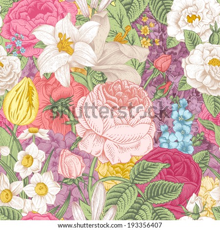 Seamless vector vintage pattern with garden colorful flowers. Roses, tulips, delphinium, lilac, daffodil, lily.