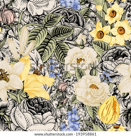 Summer seamless floral pattern. Vintage flowers Art. Flowers roses, white and yellow lilies, daffodils, tulips and blue delphinium and forget-me on a beige and black background.