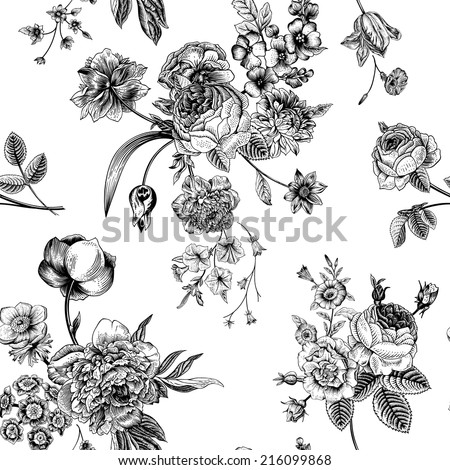 Seamless vector vintage pattern with Victorian bouquet of black flowers on a white background. Garden roses, tulips, delphinium, petunia. Monochrome.