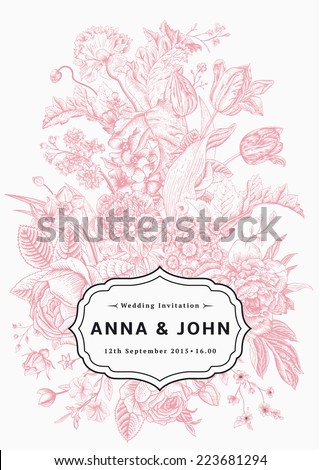 Vertical wedding invitation. Vintage card with garden flowers. Pink vector flowers with a black frame.
