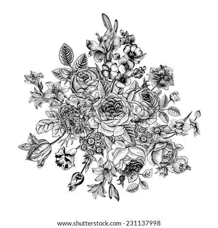 Floral card. Bouquet of roses, lily and anemone. Vintage vector illustration. Classic. Black and white.