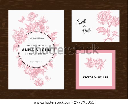 Wedding set. Menu, save the date, guest card. Pink flowers peonies. Vintage vector illustration.