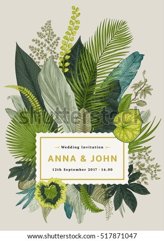 Vector vintage card. Wedding invitation. Botanical illustration. Tropical leaves.