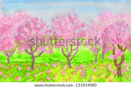 Spring landscape, garden with trees in blossom of pink colour, hand painted picture, watercolours.