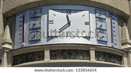 YALTA, UKRAINE - MAY 18, 2012: clock with time of different capitals of the world on building, May 18, 2012, in town Yalta, Ukraine.