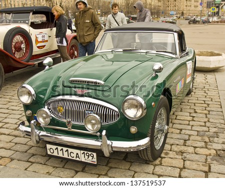 MOSCOW - APRIL 21: retro car Austin-Healey on rally of classical cars on Poklonnaya hill,  April 21, 2013, in town Moscow, Russia.