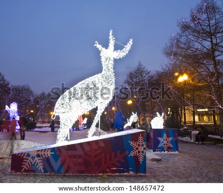 MOSCOW - JANUARY 06: electric sculpture of deer on Pushkinskaya square, street decoration for Christmas and New year holidays, January 06, 2013, in town Moscow, Russia.