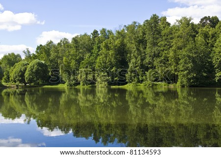 Summer landscape - lake and forest on banks. Recorded in Izmaylovskiy park in Moscow.