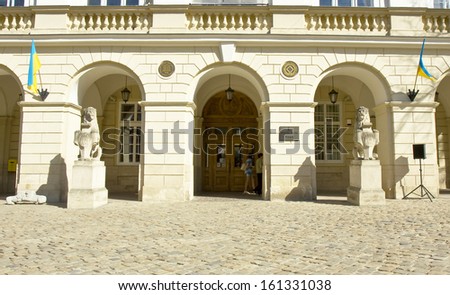 LVOV, UKRAINE - MAY 11: tower of town hall (council) on May 11, 2013 in town Lvov,  Ukraine, has been built in 15 century. Historical centre of Lvov is UNESCO World Heritage Site.