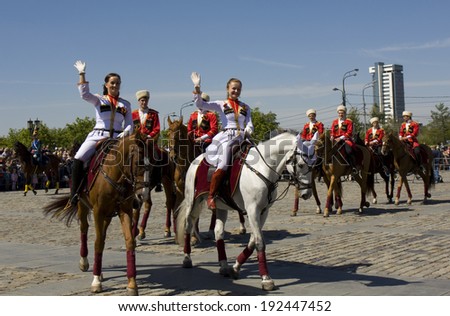 MOSCOW - MAY 9, 2014: cavalry show in memorial  Poklonnaya hill devoted to holiday Victory day of victory in Second World War, with President cavalry regiment and Kremlin cavalry school.