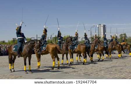 MOSCOW - MAY 9, 2014: cavalry show in memorial  Poklonnaya hill devoted to holiday Victory day of victory in Second World War, with President cavalry regiment and Kremlin cavalry school.