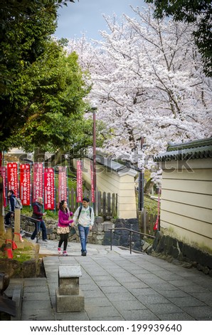 NARA,JAPAN -  5 APRIL , 2014 : At south entrance of Kofukuji temple , there is a good spot for hanami ( watching sakura) .