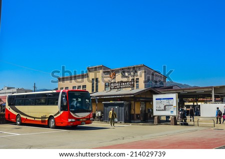 TAKAYAMA,JAPAN - 14 April,2014:JR Takayama Station and the adjacent Takayama Hida Bus Center are located about a ten minute walk from Takayama\'s old town on the opposite side of Miyagawa River.