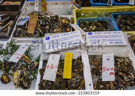 OSAKA,JAPAN - 17 April,2014:Variety of fresh seafood for sell in Kurumon Ichiba market.The market has been called \
