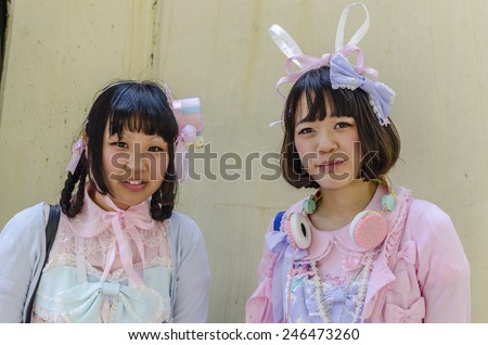 TOKYO,JAPAN - 27 April , 2014 : Every Sunday at Harajuku , many young people engage in cosplay , dressed up in excentric costumes to resemble anime characters, punk musicians.