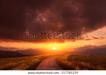 Country road and mountain grass towards the sun