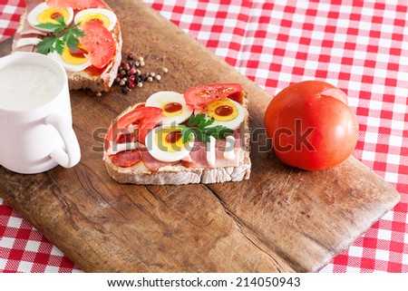 Healthy breakfast, sandwich with egg, ham and tomato from above