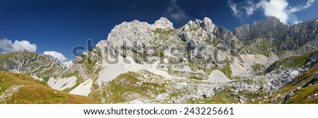 Panorama of the highest peaks of the mountain massif of Durmitor in Montenegro, with the highest peak called Bobotov Kuk in the middle.