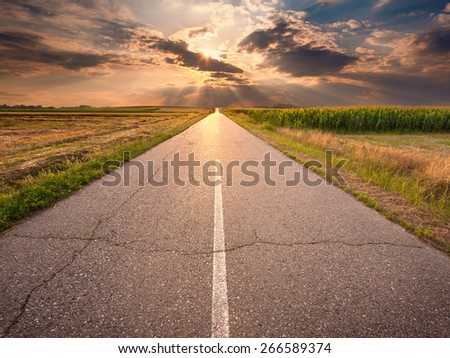 Driving on an empty open road towards the setting sun