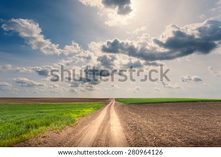 Driving on an empty dirt road through the cultivated fields towards the setting sun. Agriculture fields at spring.