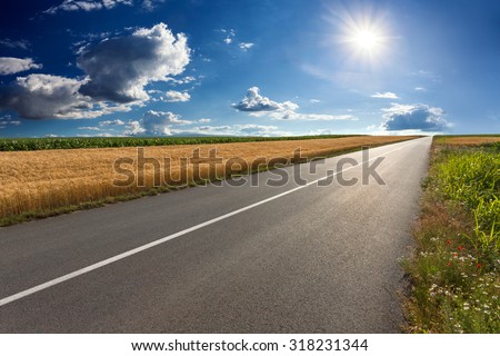 Driving on an empty asphalt road through the agricultural fields towards the setting sun.