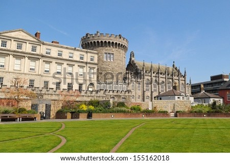 Dublin Castle from Dubh Linn gardens on a sunny spring day, Dublin, Ireland