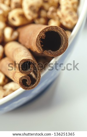 cinnamon and cereals a superb close-up to a cinnamon stick / branch / part/ sitting on a plate of cereals