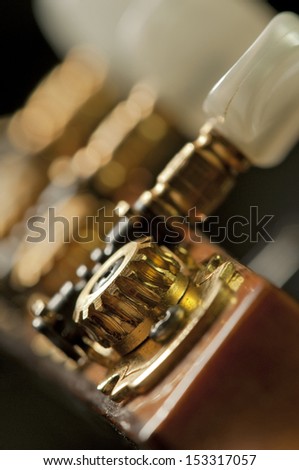 a superb close-up of classic guitar tuning mechanism / pegs / wheels / cog-wheels