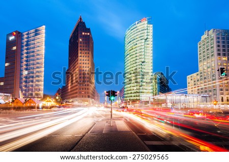 BERLIN, GERMANY - NOV 15: Potsdamer Platz and railway station in Berlin, Germany on November 15, 2014. It\'s a one of the main public square and traffic intersection in the centre of Berlin