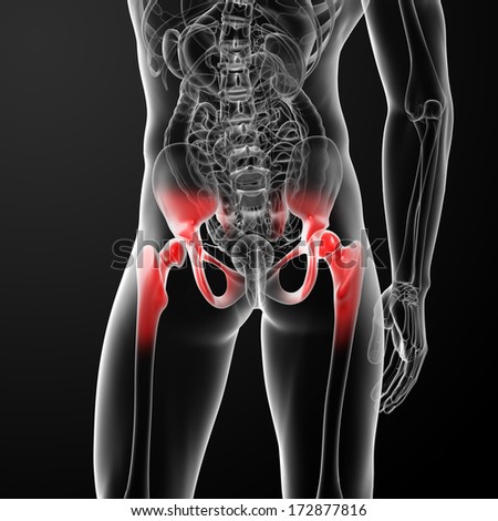 3d rendered, medical illustration of a painful hip joint - back view