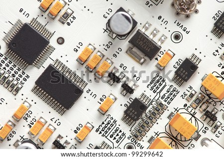 White electronic circuit board, top view