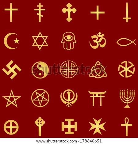 vector set of gold religious symbols on red background