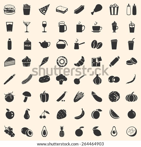 Vector Set of 64 Food Icons. Food and Drinks. Fast Food. Dessert. Vegetables. Fruits. Food Signs for Restaurant Menu.