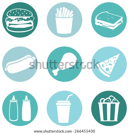 Vector Set of Fast Food Icons.  Fast Food. Junk Food. Hamburger, French Fries, Sandwich, Hot Dog, Chicken, Sauces, Beverage,  Popcorn.
