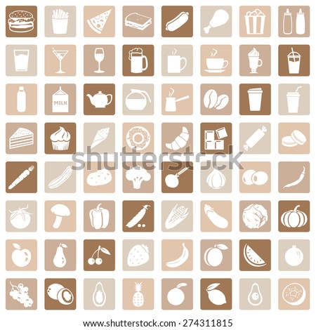 Vector Set of 64 Food Icons. Food and Drinks. Fast Food. Dessert. Vegetables. Fruits. Food sign for Restaurant Menu.