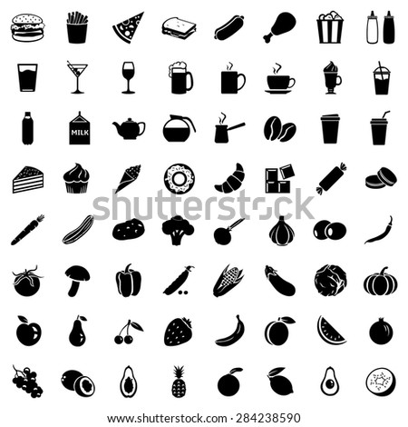 Vector Set of 64 Black Food Icons. Food and Drinks. Fast Food. Dessert. Vegetables. Fruits. Food sign for Restaurant Menu.