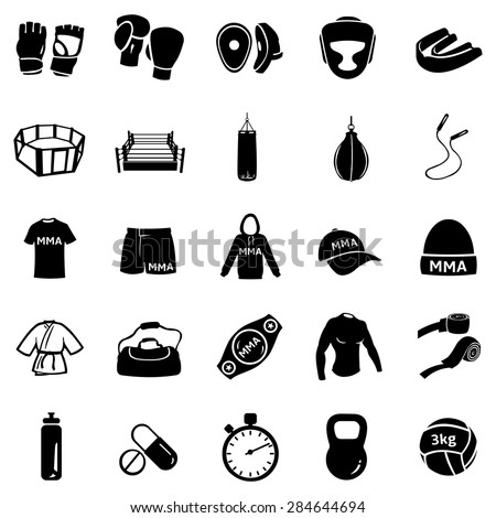 Vector Set of Black Mix Martial Arts Icons. MMA Icons.  Boxing, Kick Boxing, Thai Boxing, Wrestling, Grappling, Cross Fit. Fighting, Training and Competition.