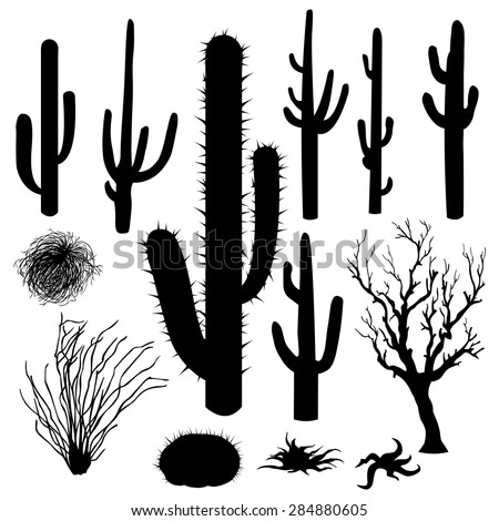 Vector Set of Black Silhouettes of Cacti and Other Desert Plants