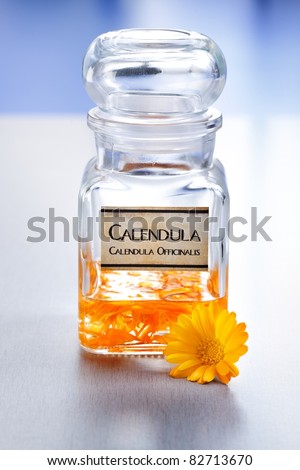 Calendula Officinalis flower and alcoholic plant extract in big glass bottle