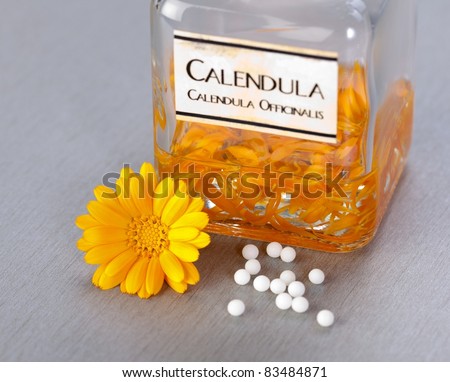 Calendula Officinalis flower, homeopathic pills and alcoholic plant extract in glass bottle